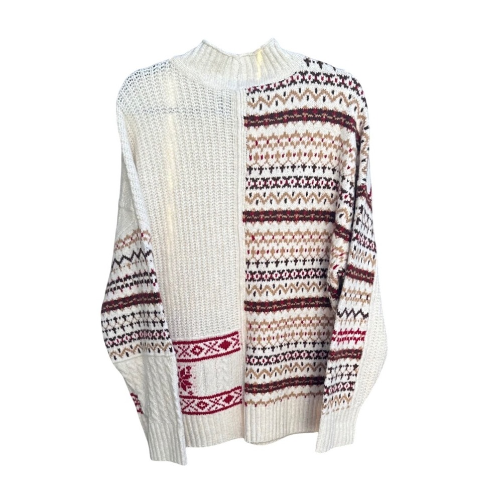 American Eagle Patchwork Fair Isle Cable Knit Sweater XL Cream Red Snowflake - Picture 4 of 6